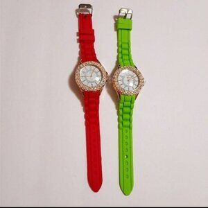 Red & Green Silicone Strap Analog Watches With Rhinestone Bezel For Women